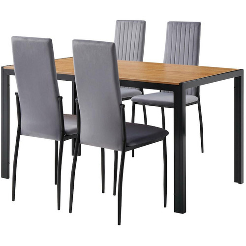 Ensemble table de repas en bois et pieds en metal noir avec 4 chaises haut dossier velours BREDA Gris - 3S. x Home - Ensemble table chaise