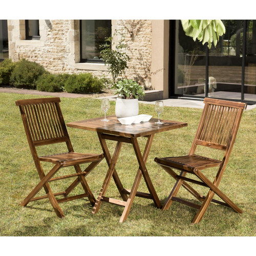 Salon de jardin HANNA en bois teck huilé 2 personnes - ensemble de jardin : 1 table carrée pliante 70 x 70 cm et 2 chaises - Macabane - Ensemble table chaise
